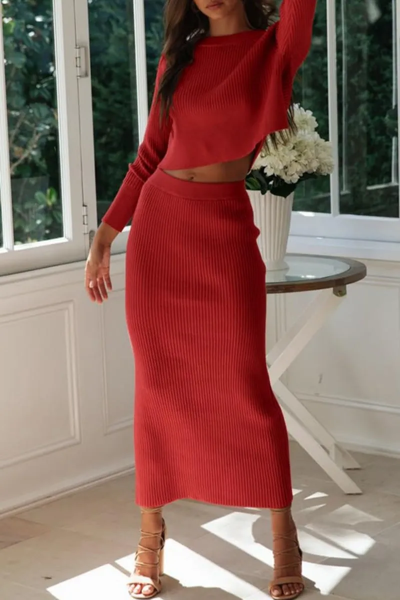 Chouyatou Women's Ribbed Sweater Sets Crop Top and Maxi Bodycon Skirt Sets 2 Piece Outfits