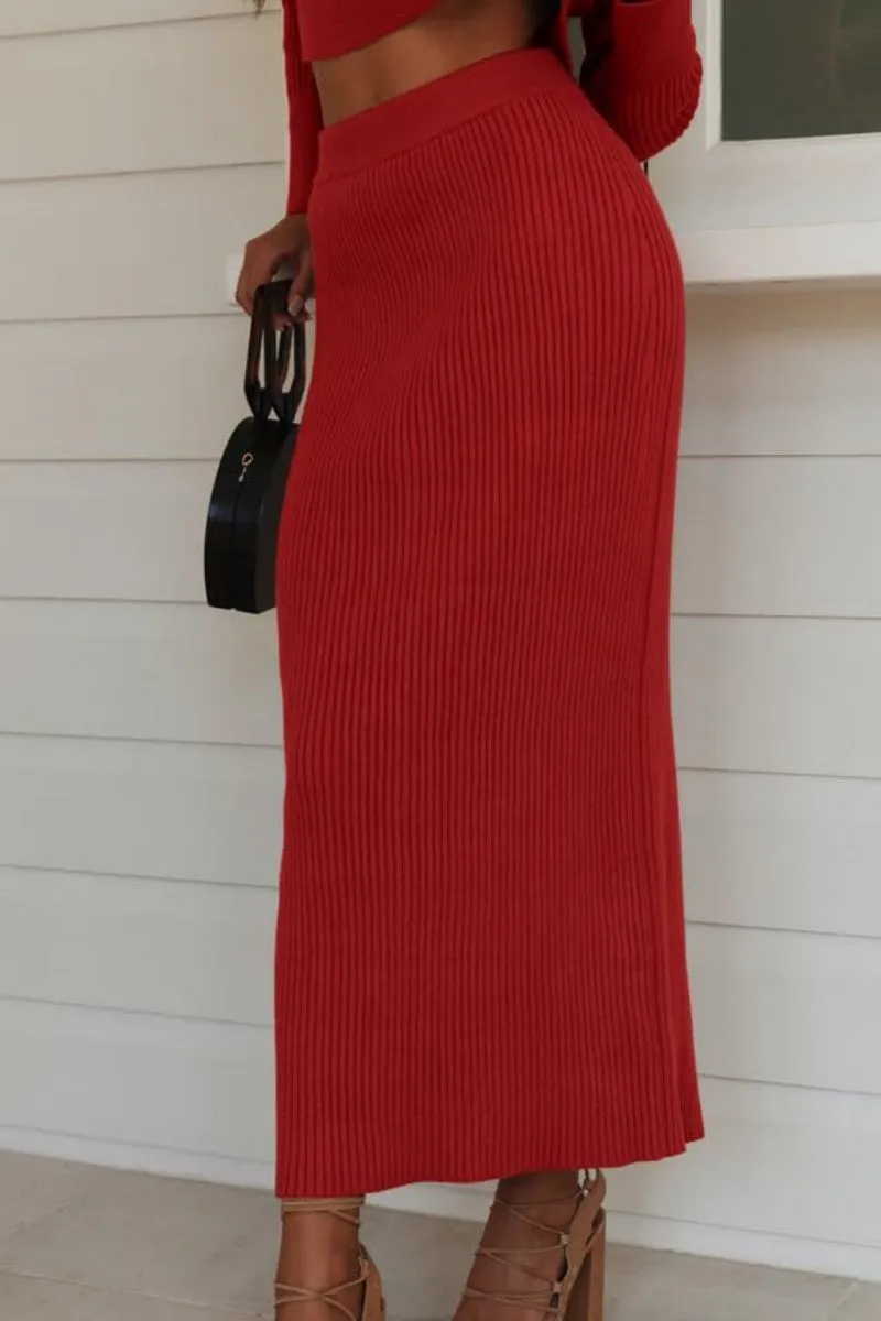 Chouyatou Women's Ribbed Sweater Sets Crop Top and Maxi Bodycon Skirt Sets 2 Piece Outfits