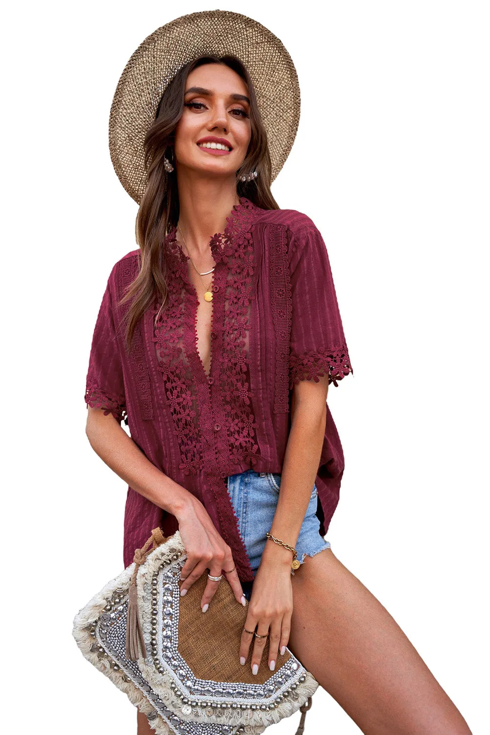Crochet Hollow-out Lace Splicing Short Sleeve Top