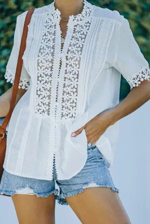 Crochet Hollow-out Lace Splicing Short Sleeve Top