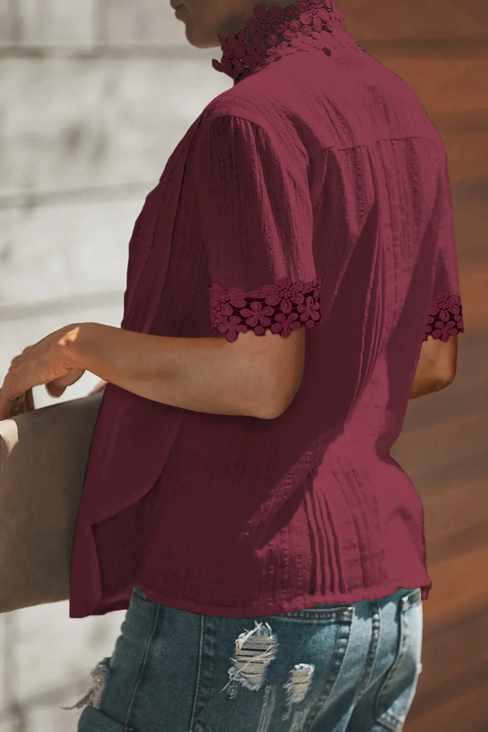 Crochet Hollow-out Lace Splicing Short Sleeve Top