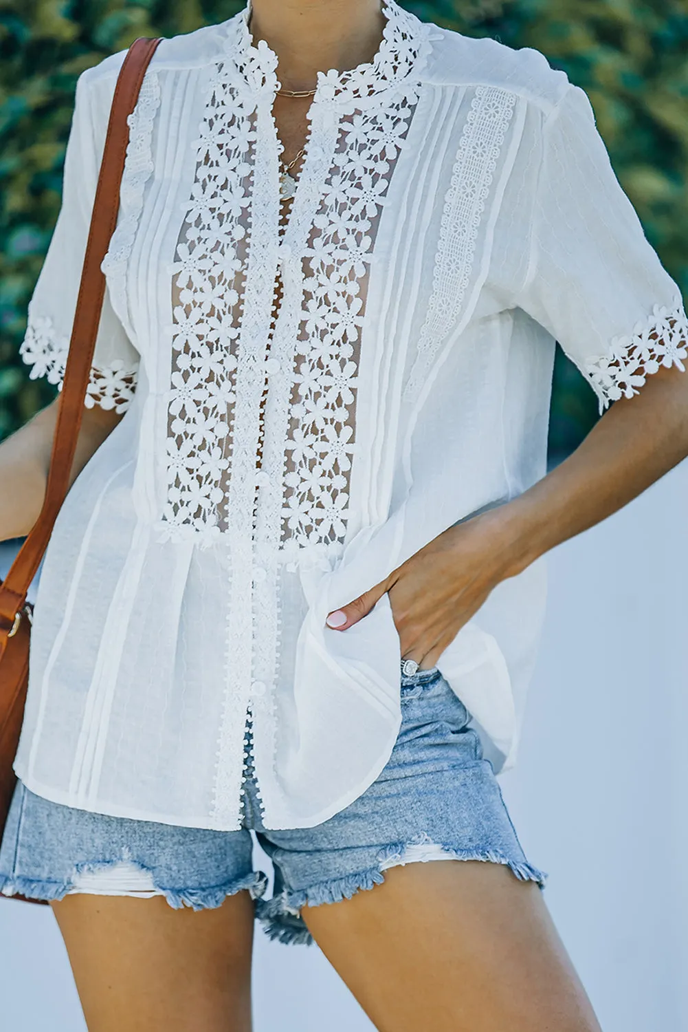 Crochet Hollow-out Lace Splicing Short Sleeve Top