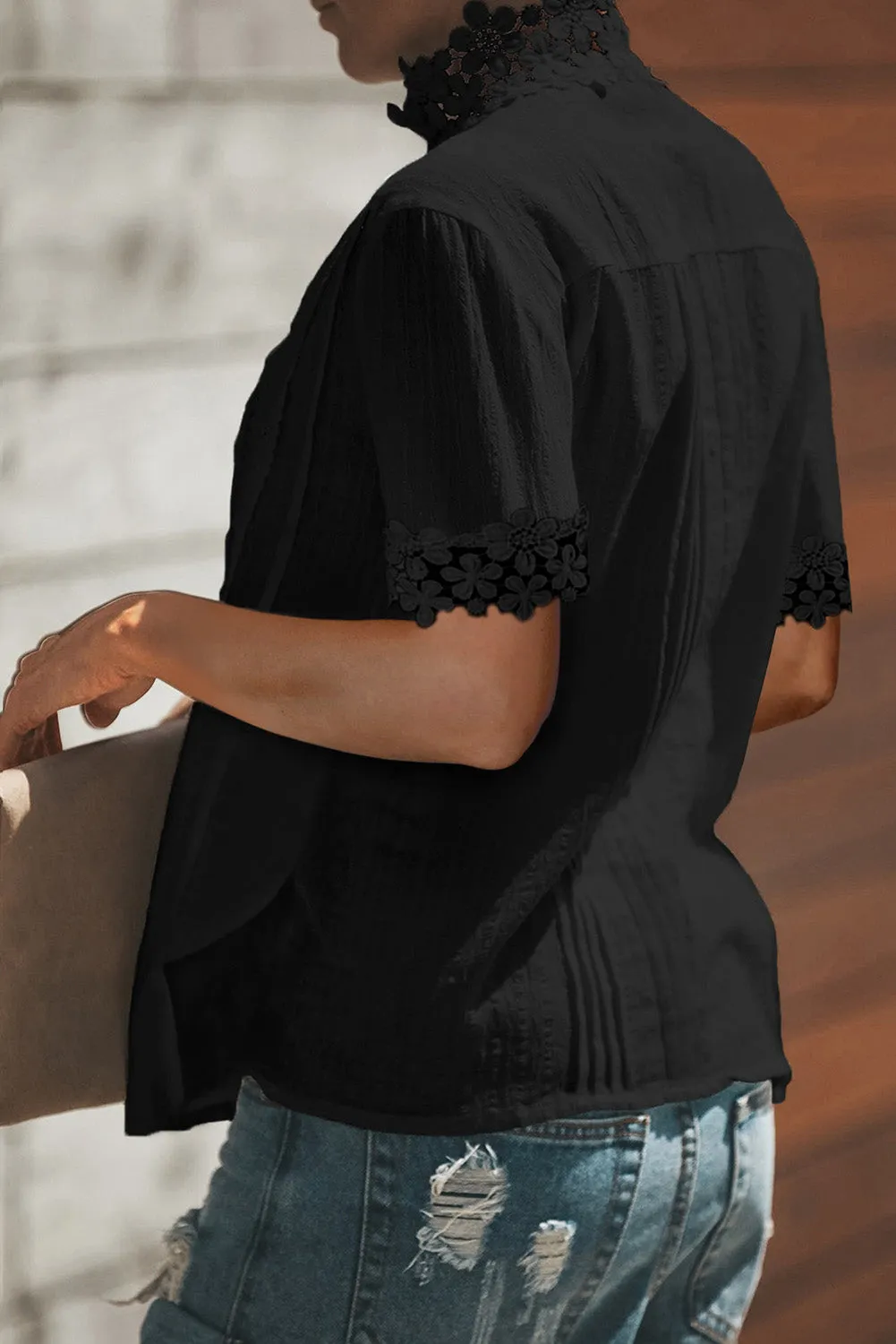 Crochet Hollow-out Lace Splicing Short Sleeve Top