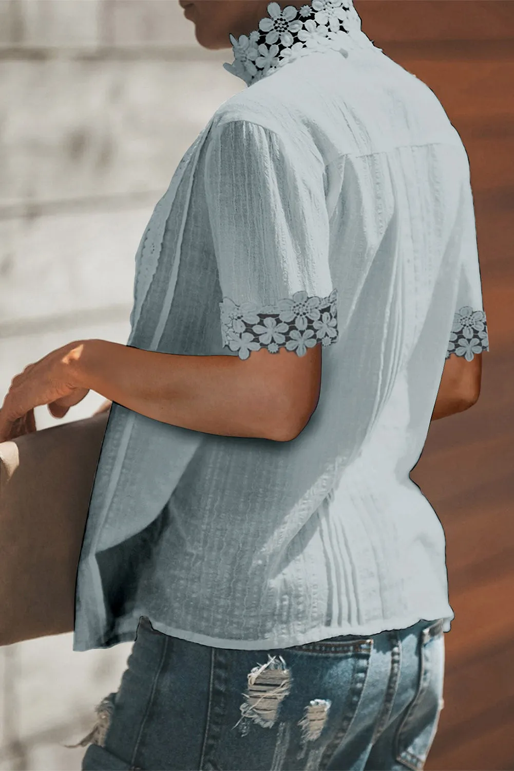 Crochet Hollow-out Lace Splicing Short Sleeve Top