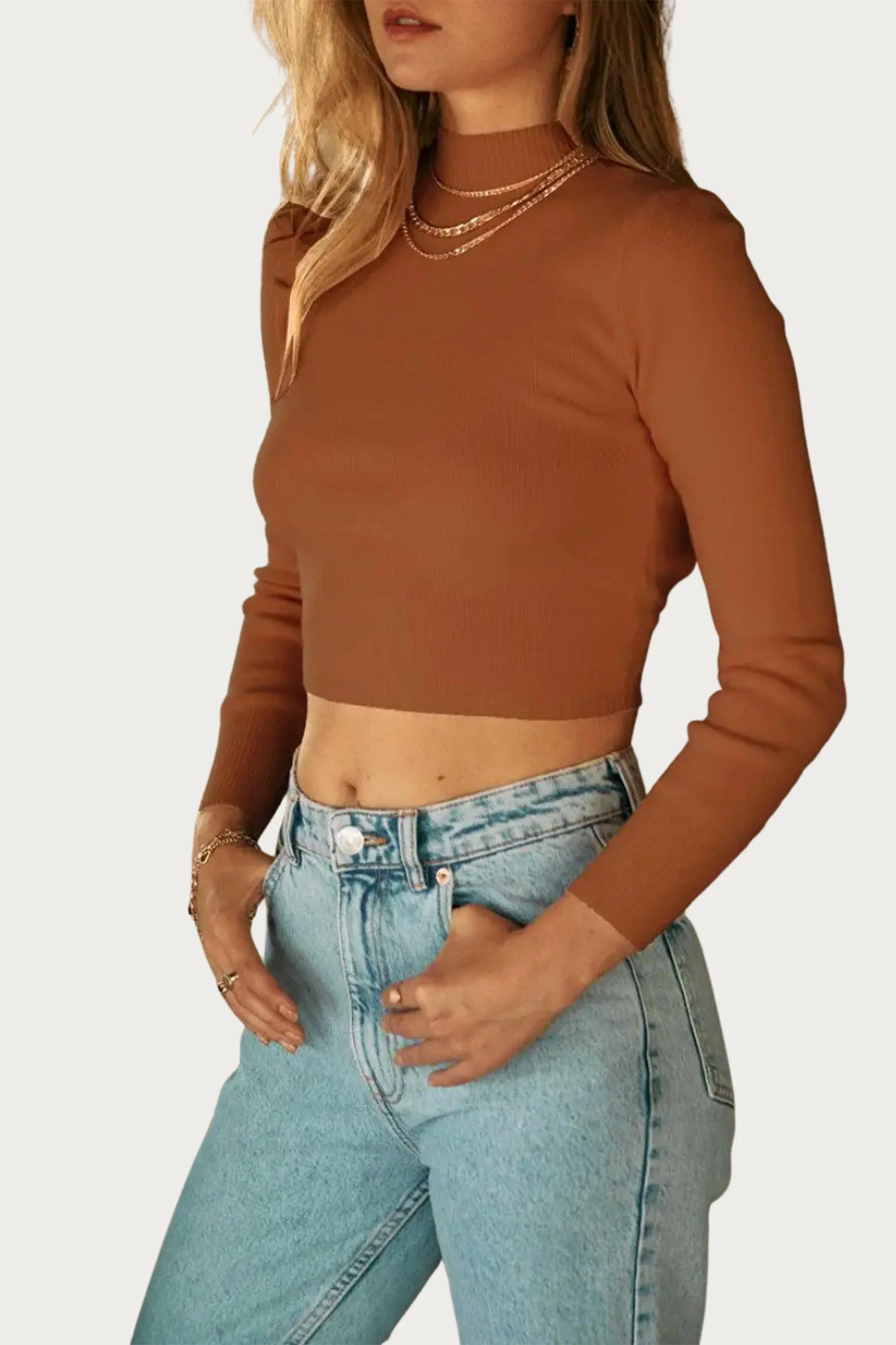 CROPPED OPEN-BACK MOCK NECK SWEATER