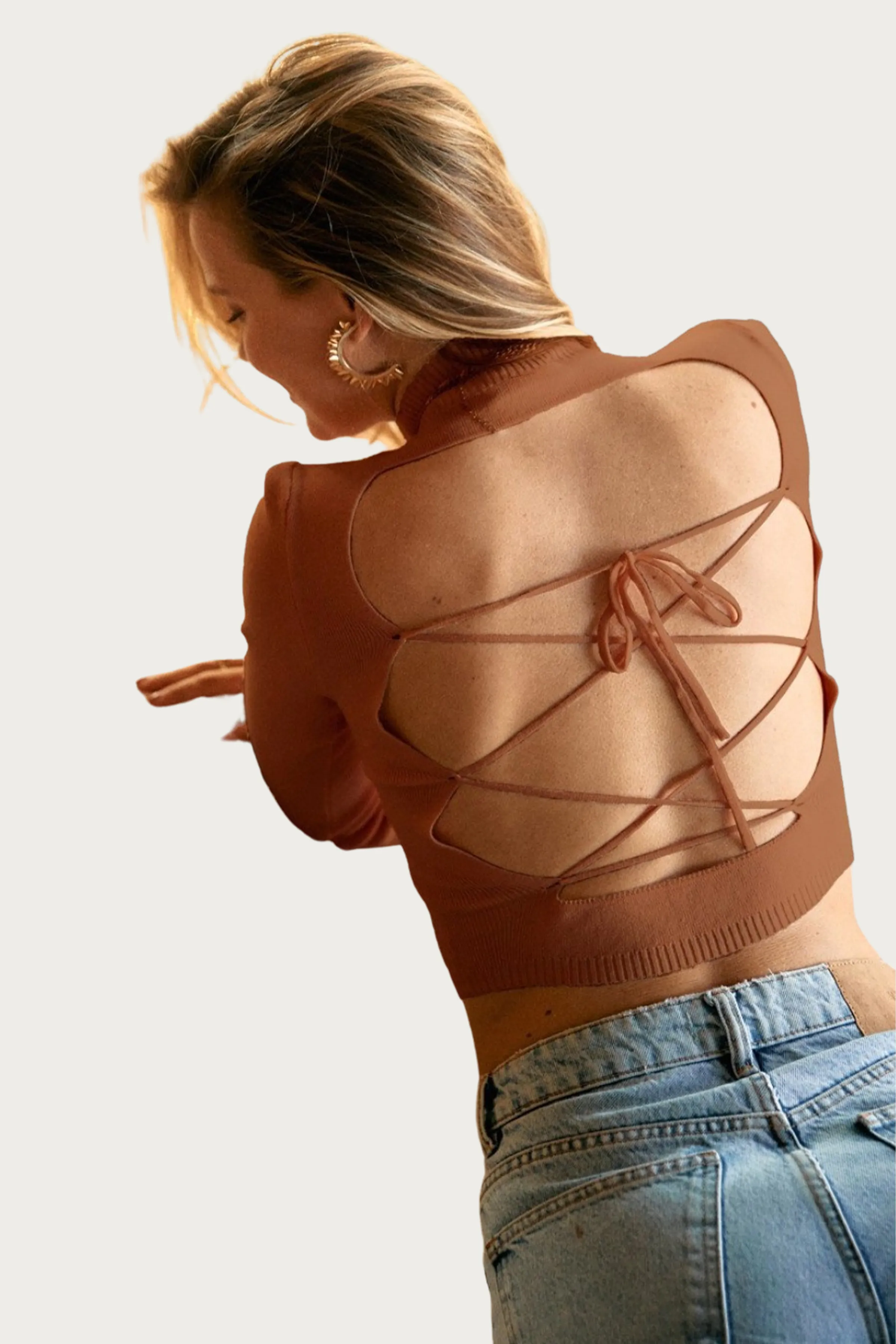 CROPPED OPEN-BACK MOCK NECK SWEATER