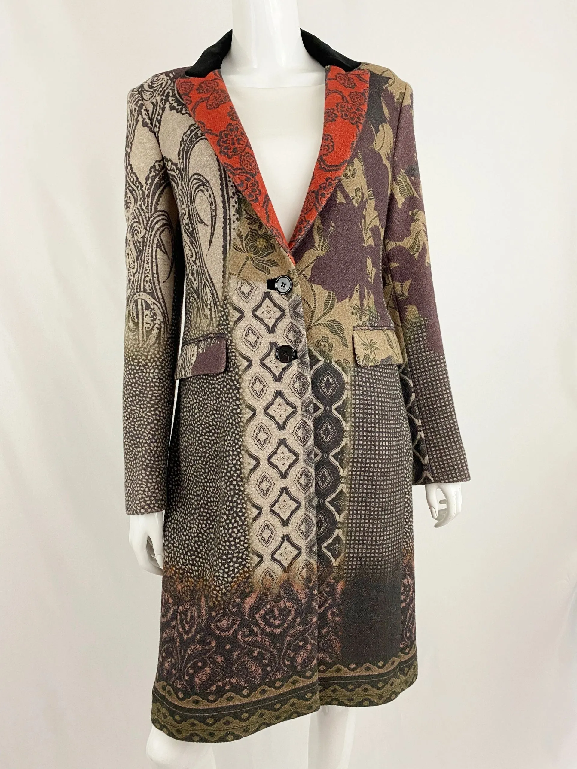 Etro Wool Coat W/ Velvet Collar Size Medium