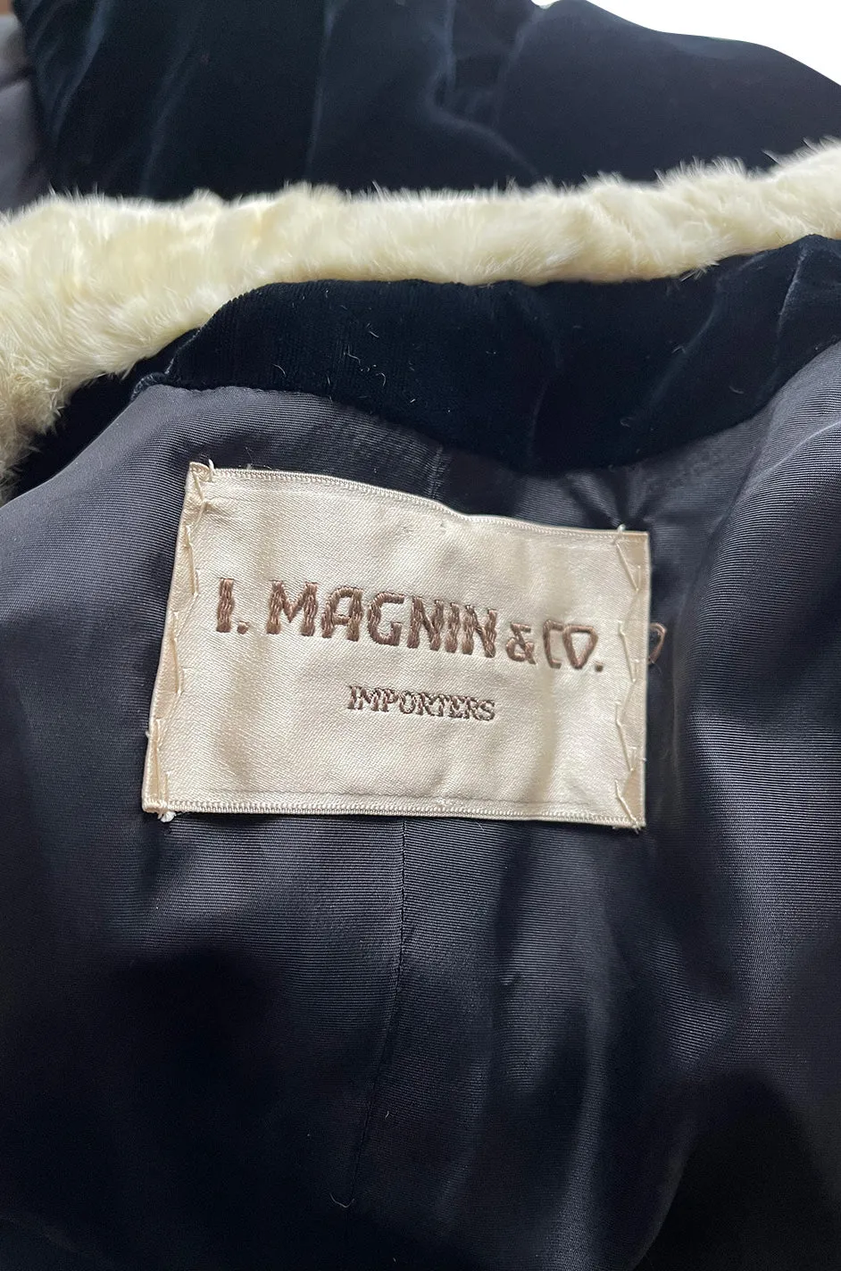 Exceptional 1920s I Magnin Inky Black Velvet Coat w Extravagant White Ermine Collar