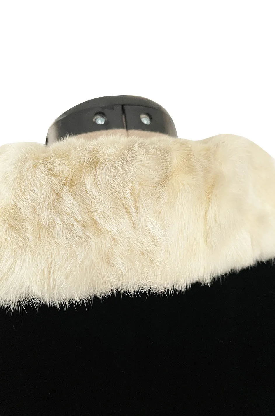 Exceptional 1920s I Magnin Inky Black Velvet Coat w Extravagant White Ermine Collar