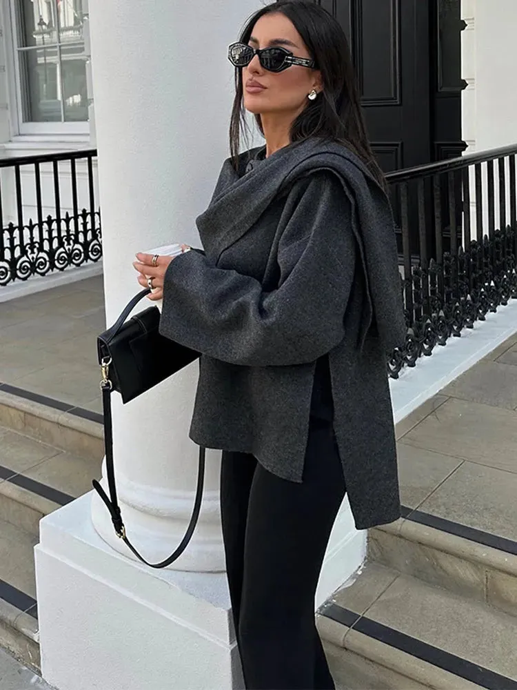 Fashion Scarf Collar Woolen Jackets For Women Elegant Long Sleeved Side Split Casual Coats Female Chic Autumn Overcoats