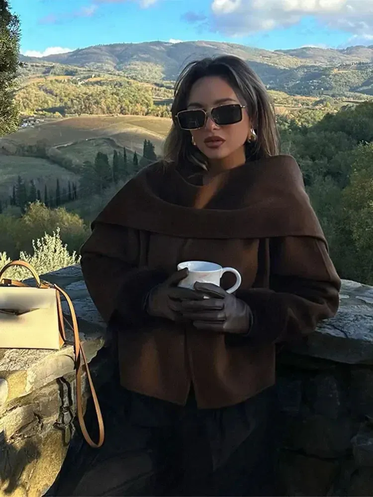 Fashion Scarf Collar Woolen Jackets For Women Elegant Long Sleeved Side Split Casual Coats Female Chic Autumn Overcoats
