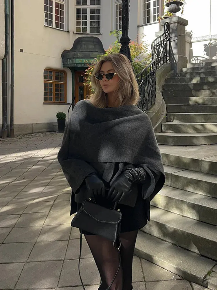 Fashion Scarf Collar Woolen Jackets For Women Elegant Long Sleeved Side Split Casual Coats Female Chic Autumn Overcoats