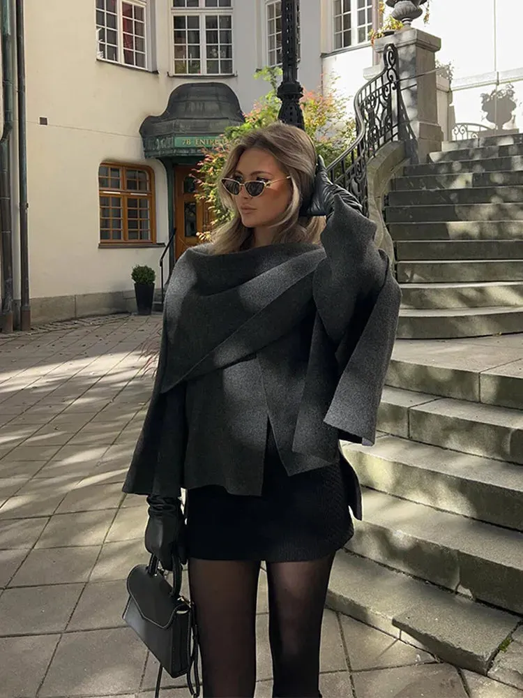 Fashion Scarf Collar Woolen Jackets For Women Elegant Long Sleeved Side Split Casual Coats Female Chic Autumn Overcoats