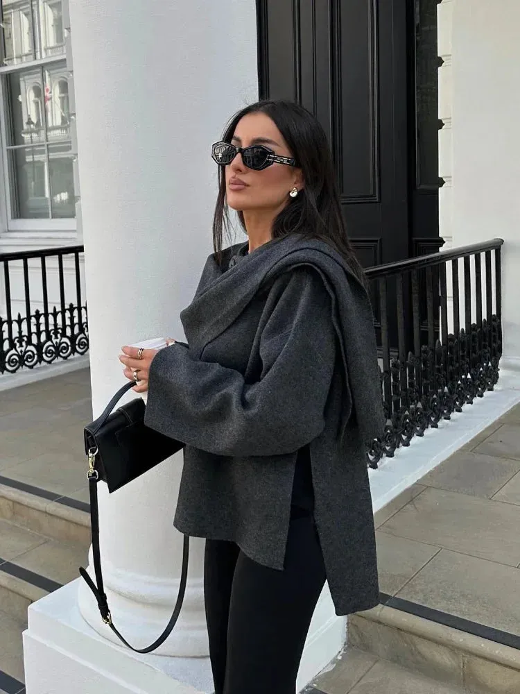 Fashion Scarf Collar Woolen Jackets For Women Elegant Long Sleeved Side Split Casual Coats Female Chic Autumn Overcoats