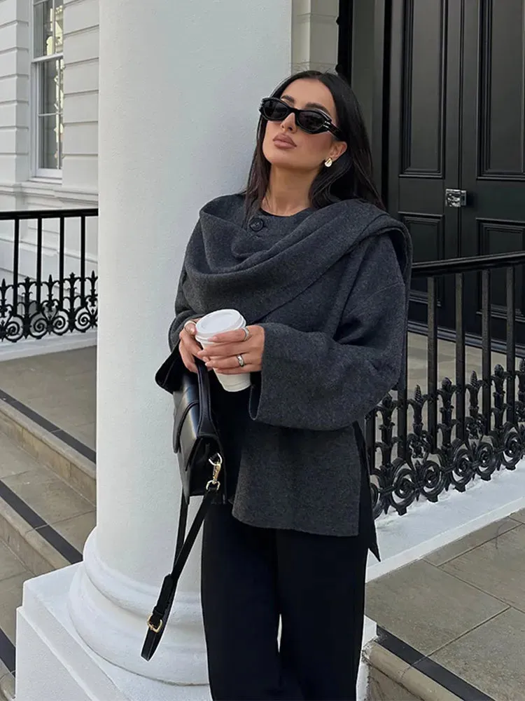 Fashion Scarf Collar Woolen Jackets For Women Elegant Long Sleeved Side Split Casual Coats Female Chic Autumn Overcoats