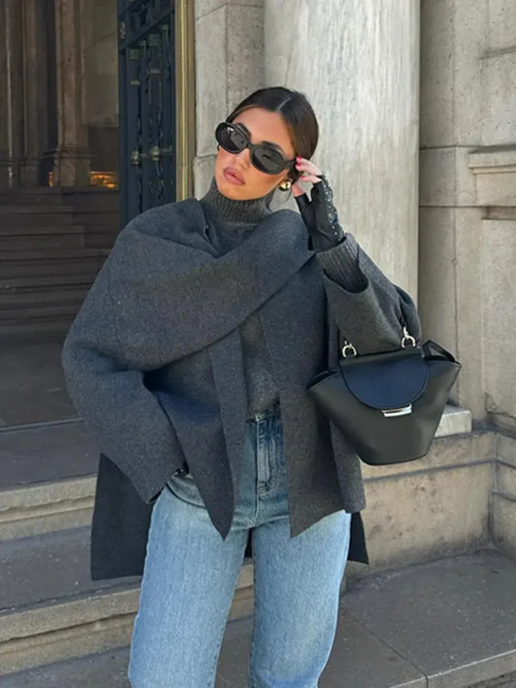 Fashion Scarf Collar Woolen Jackets For Women Elegant Long Sleeved Side Split Casual Coats Female Chic Autumn Overcoats