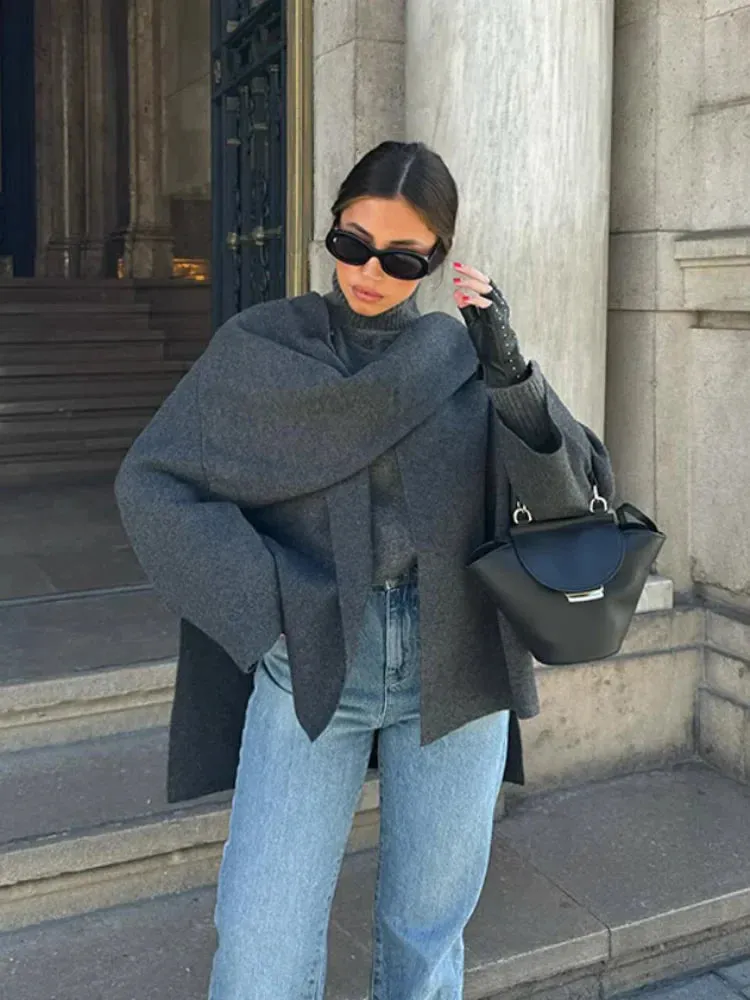 Fashion Scarf Collar Woolen Jackets For Women Elegant Long Sleeved Side Split Casual Coats Female Chic Autumn Overcoats