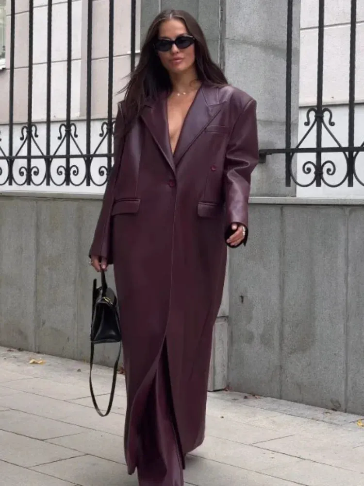 Fashion Vintage Burgundy Red Faux Leather Jacket Casual Padded Sleeve Oversized Overcoats Winter Lady Commute Street Outerwears