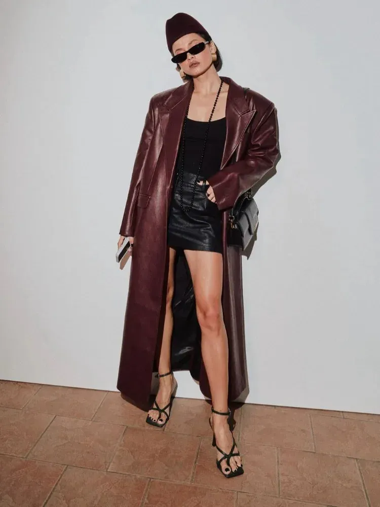 Fashion Vintage Burgundy Red Faux Leather Jacket Casual Padded Sleeve Oversized Overcoats Winter Lady Commute Street Outerwears