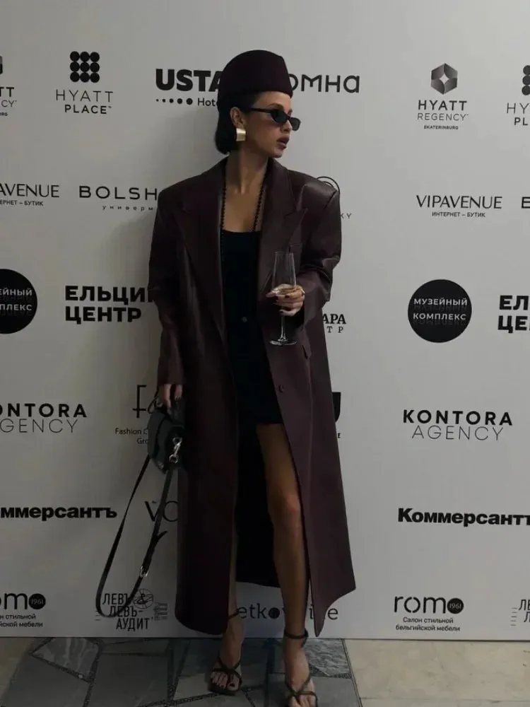Fashion Vintage Burgundy Red Faux Leather Jacket Casual Padded Sleeve Oversized Overcoats Winter Lady Commute Street Outerwears