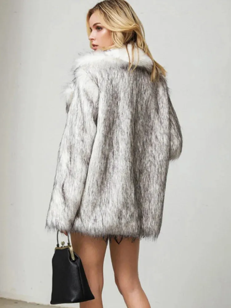 Faux Fur Coats Women Turn Down Collar Thicken Oversize Long Sleeve Lady Warmth Faux Fox Fur Jackets 2024 Winter Female Overcoats