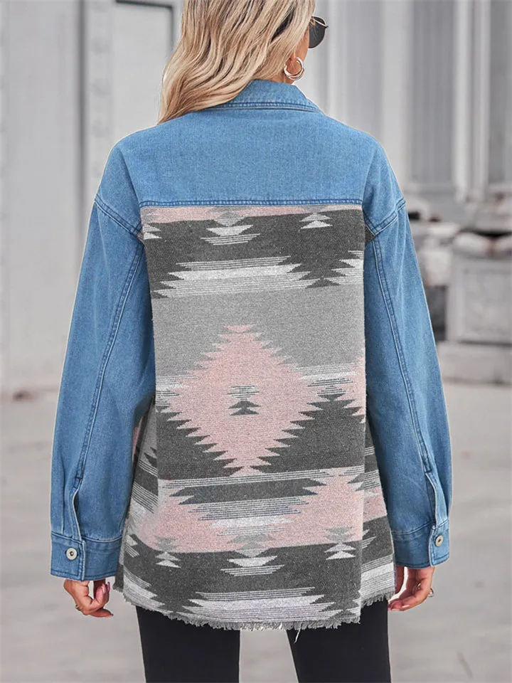 Girl's Geometric Printed Loose Denim Patchwork Button Lapel Coats