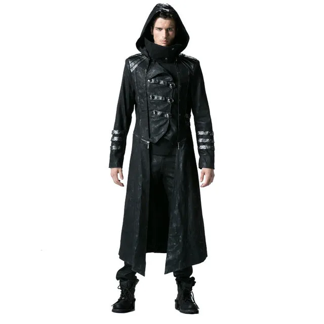 Gothic Black Winter Men's Long Coat Steampunk Twill High Collar Jackets Punk Leather Coats Overcoats with Detachable Hem And Hat