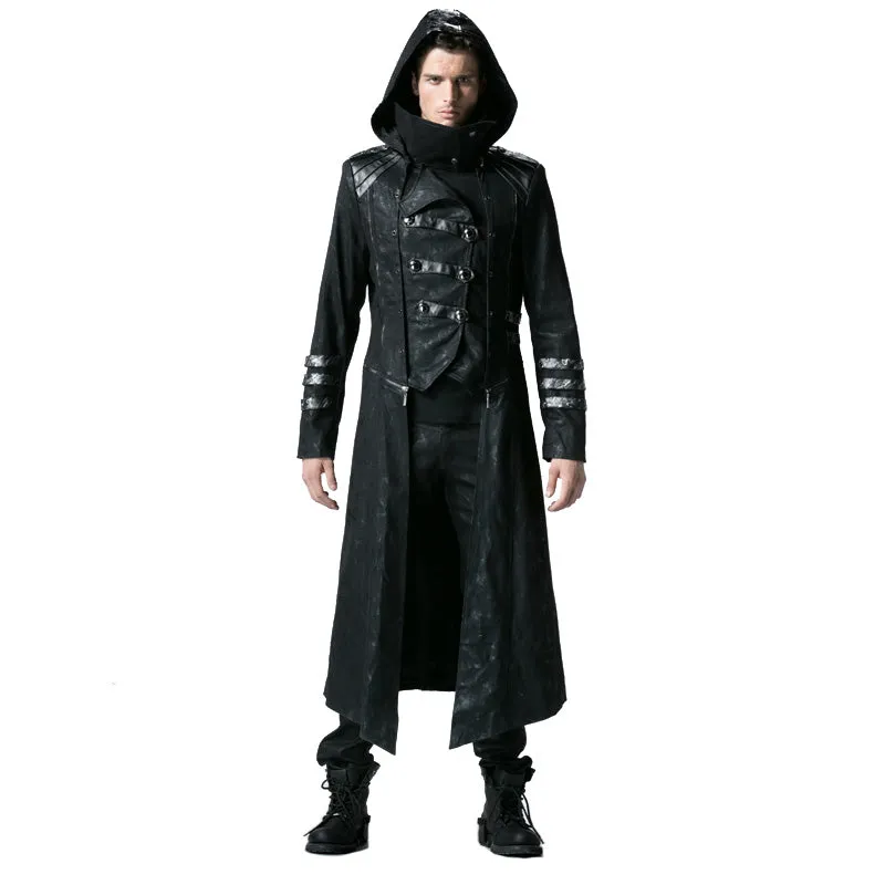 Gothic Black Winter Men's Long Coat Steampunk Twill High Collar Jackets Punk Leather Coats Overcoats with Detachable Hem And Hat