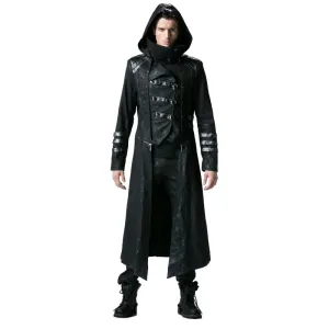 Gothic Black Winter Men's Long Coat Steampunk Twill High Collar Jackets Punk Leather Coats Overcoats with Detachable Hem And Hat