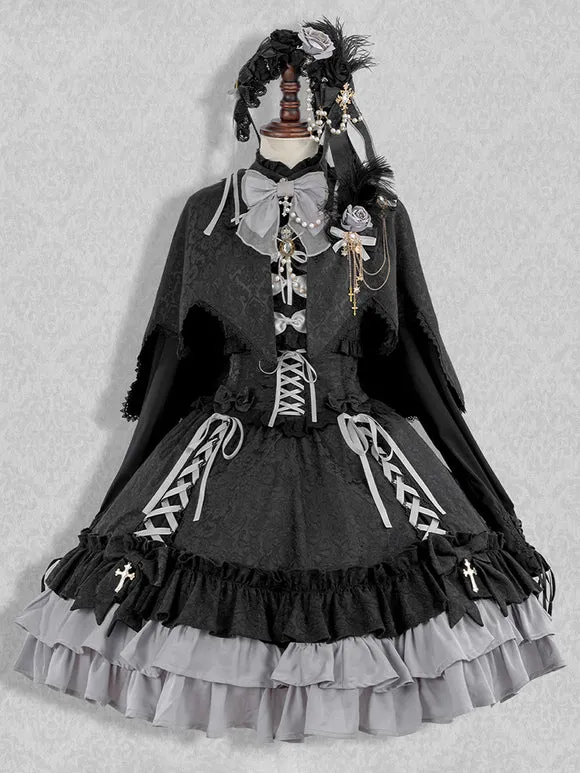 Gothic Lolita Cape Red Jacquard Ruffles Lace Jacquard Color Block Fall Lolita Outwears