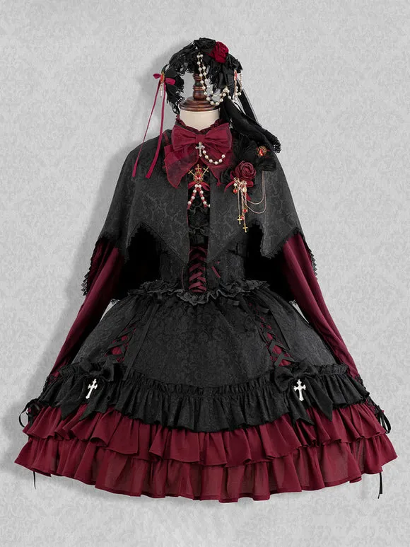 Gothic Lolita Cape Red Jacquard Ruffles Lace Jacquard Color Block Fall Lolita Outwears