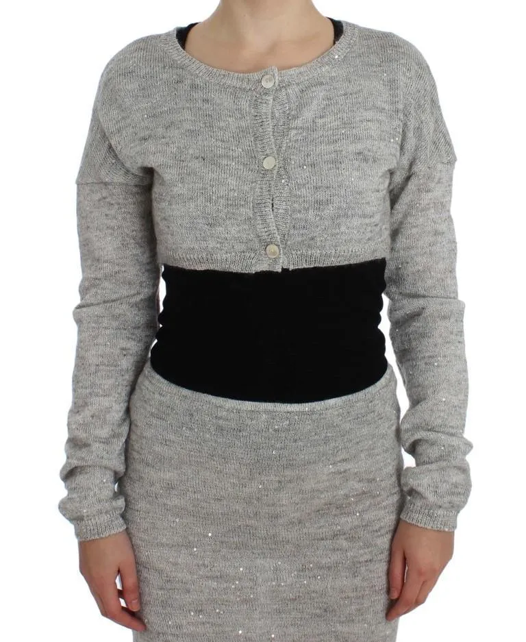 Gray Cropped Knitted Cardigan Sweater