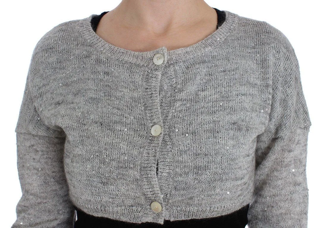 Gray Cropped Knitted Cardigan Sweater
