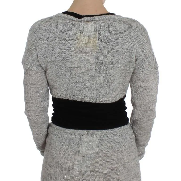 Gray Cropped Knitted Cardigan Sweater