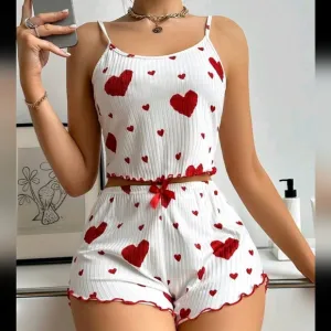 Heart Print Cami Top &amp; Shorts Pajama Set White Set