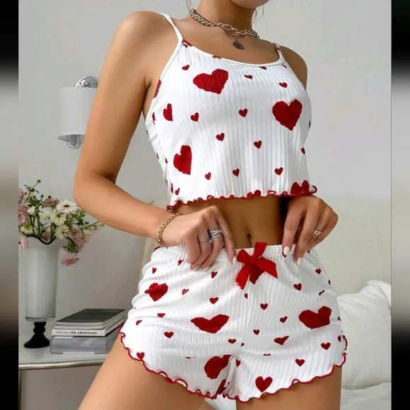 Heart Print Cami Top &amp; Shorts Pajama Set White Set