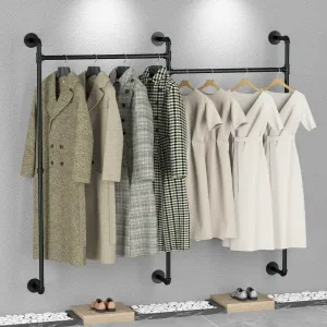 Heavy Duty Industrial Pipe Clothes Rack Wall Mounted Black Iron Garment Bar Closet