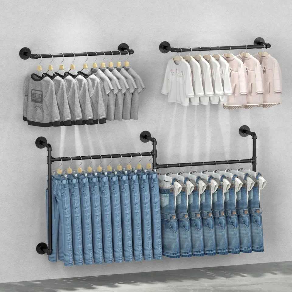 Heavy Duty Industrial Pipe Clothes Rack Wall Mounted Black Iron Garment Bar Closet
