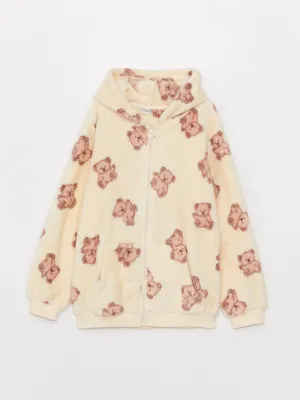 Hooded Patterned Long Sleeve Plush Girls Zippered Sweatshirt