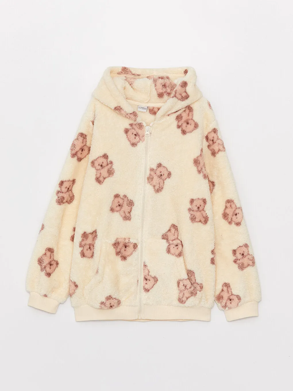 Hooded Patterned Long Sleeve Plush Girls Zippered Sweatshirt