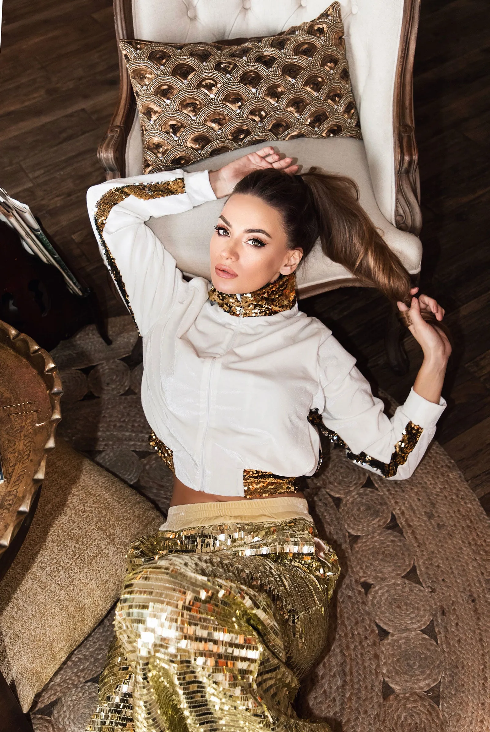 Ilona Rich White Velvet Gold Sequin Detail Crop Jacket