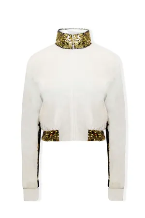 Ilona Rich White Velvet Gold Sequin Detail Crop Jacket