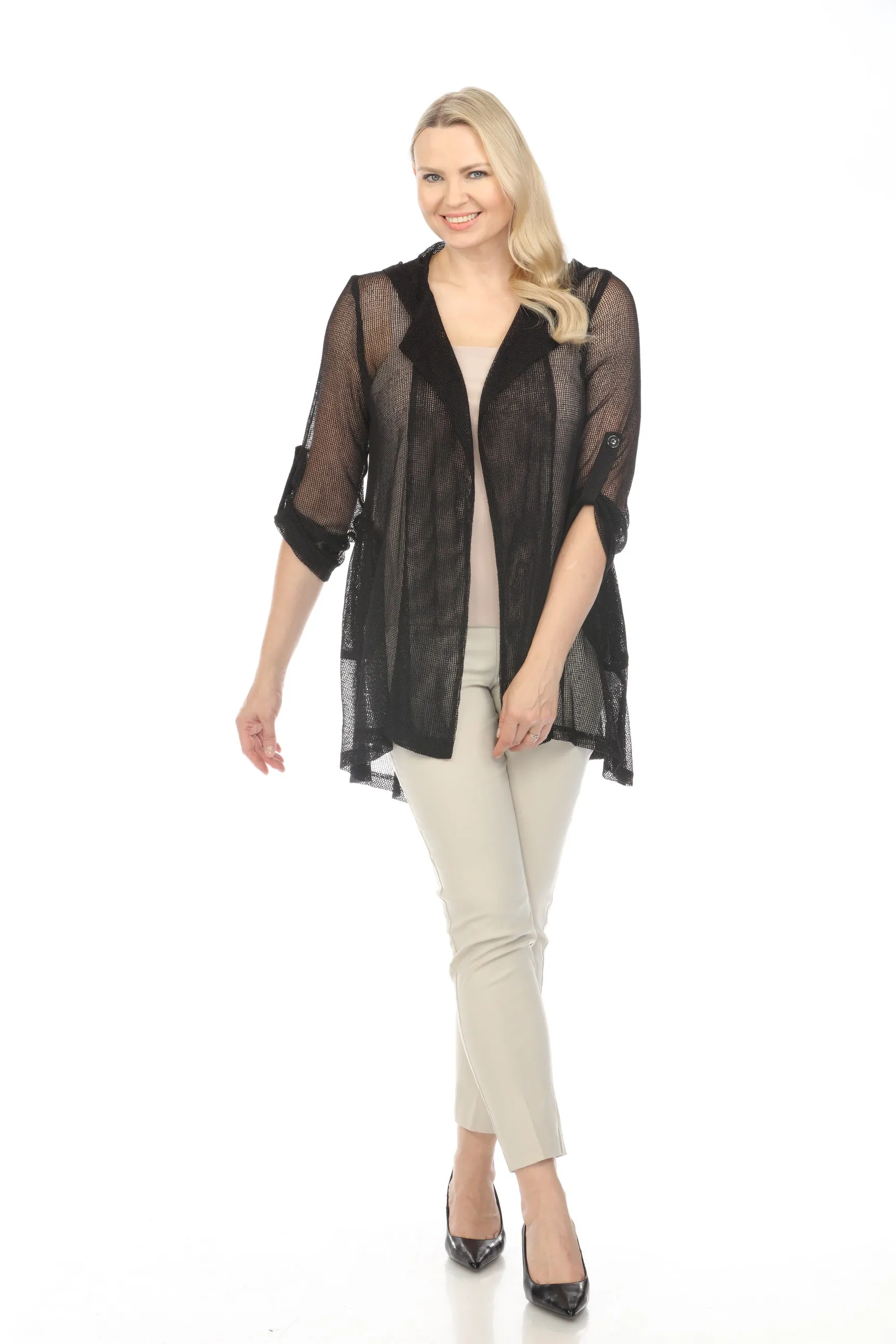 Joseph Ribkoff 3/4 Roll Tab Sleeves Mesh Hooded Jacket 241075
