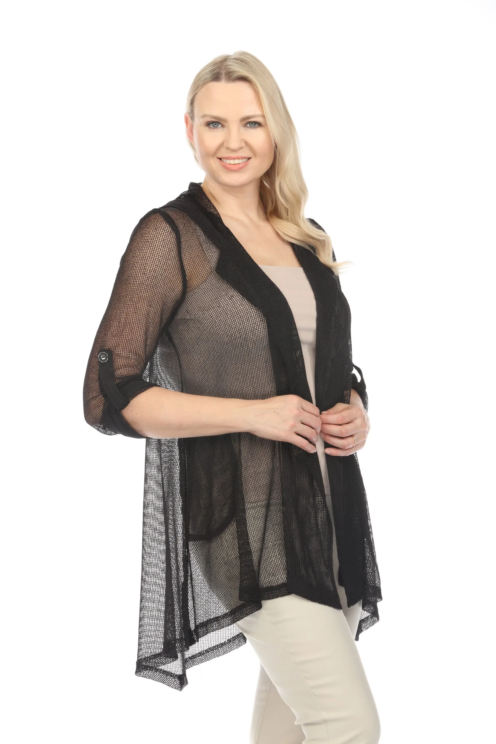 Joseph Ribkoff 3/4 Roll Tab Sleeves Mesh Hooded Jacket 241075