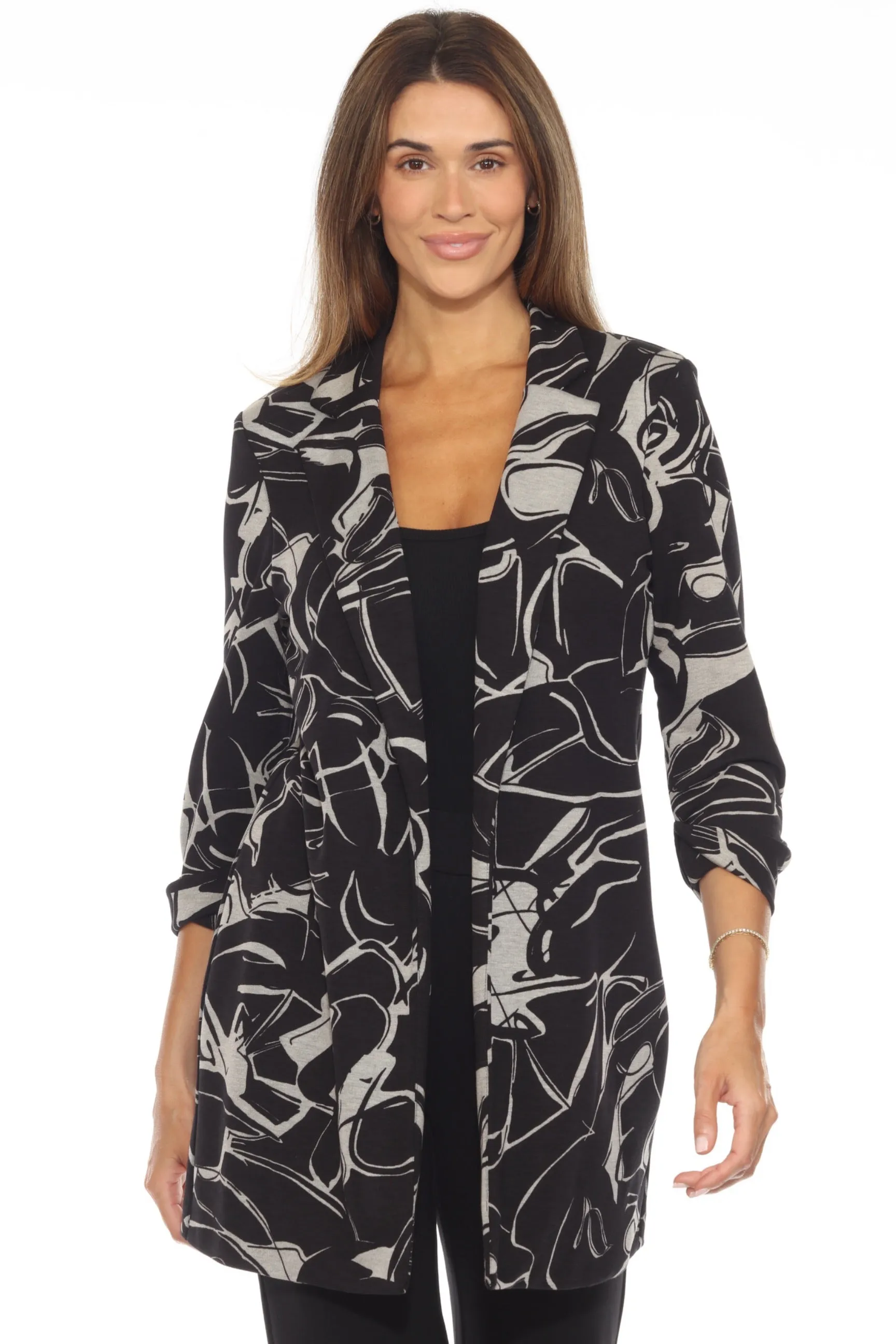Joseph Ribkoff Black/Beige Abstract Open Front Longline Blazer Jacket 243316