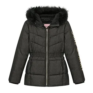 Juicy Couture Girls Puffer Jacket, Laminated Bubble Kids Coat with Fur Hoodie, Black, Medium