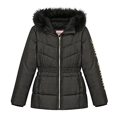 Juicy Couture Girls Puffer Jacket, Laminated Bubble Kids Coat with Fur Hoodie, Black, Medium