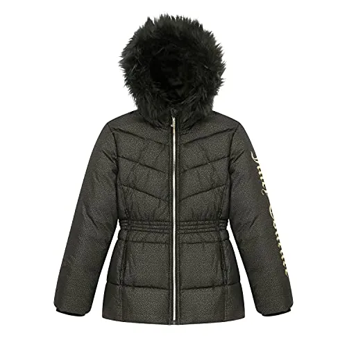 Juicy Couture Girls Puffer Jacket, Laminated Bubble Kids Coat with Fur Hoodie, Black, Medium