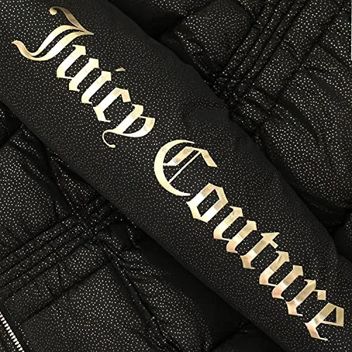Juicy Couture Girls Puffer Jacket, Laminated Bubble Kids Coat with Fur Hoodie, Black, Medium