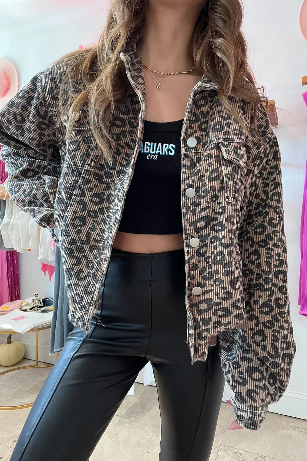 KaleaBoutique Leopard Print Corduroy Irregular Hem Buttoned Jacket